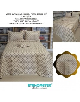 MİCRO SATEN ŞÖNİL İŞLEMELİ ÇİFT KİŞİLİK YATAK ÖRTÜSÜ SETİ BEJ 8696474231907